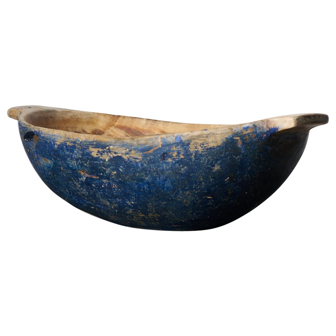 Genuine Antique Swedish Wooden Bowl Made by Hand with Original Blue Paint