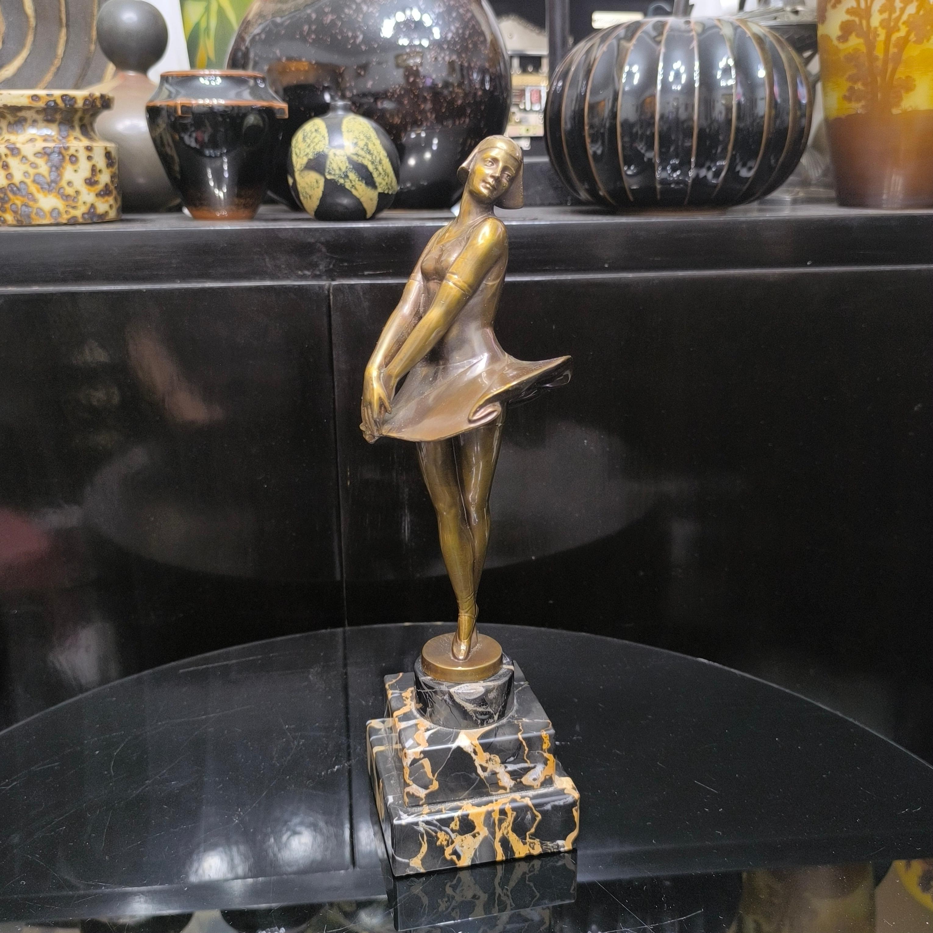 French Genuine Art Deco Ballerina Bronze Sculpture on a Stepped Base of Portoro Marble For Sale