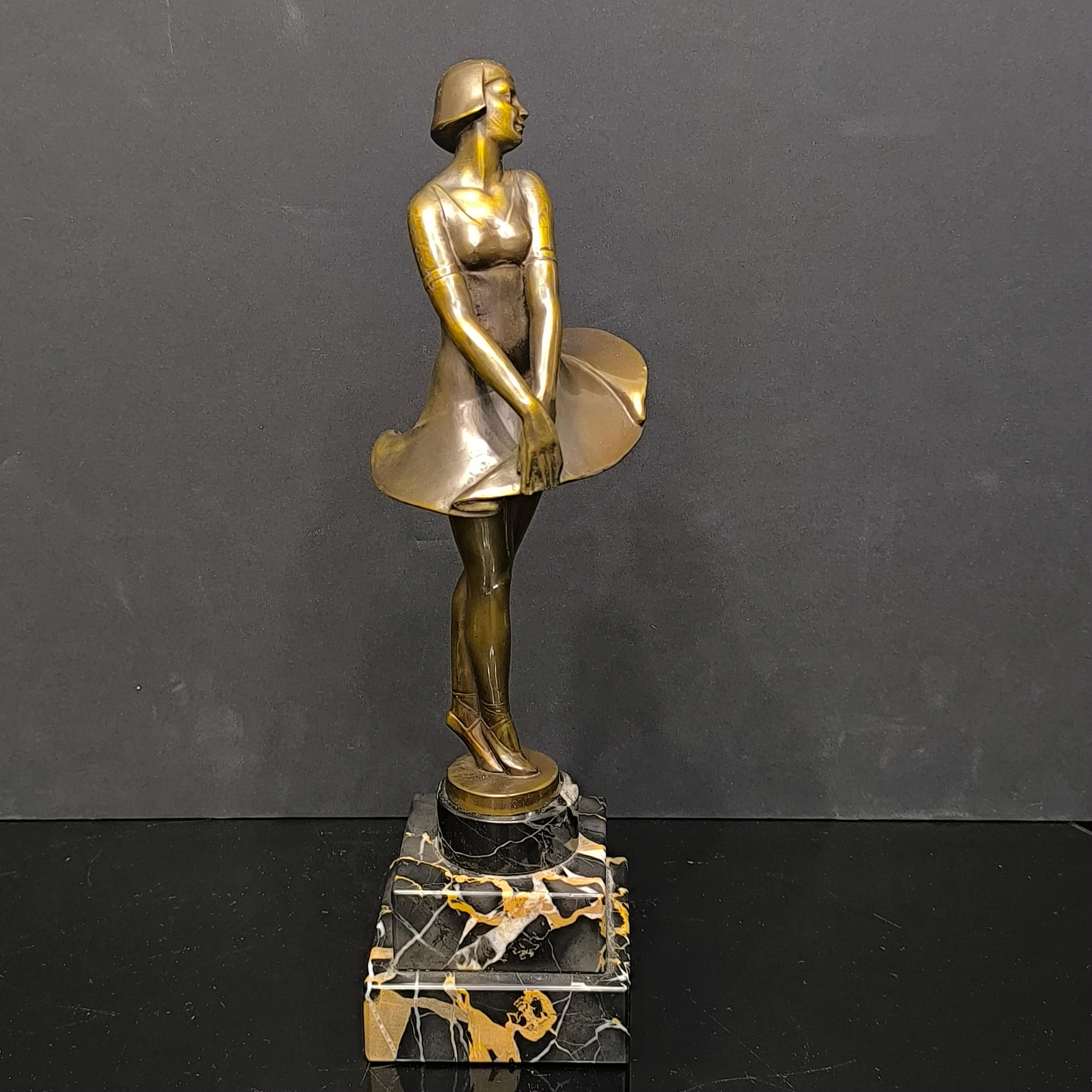 Early 20th Century Genuine Art Deco Ballerina Bronze Sculpture on a Stepped Base of Portoro Marble For Sale