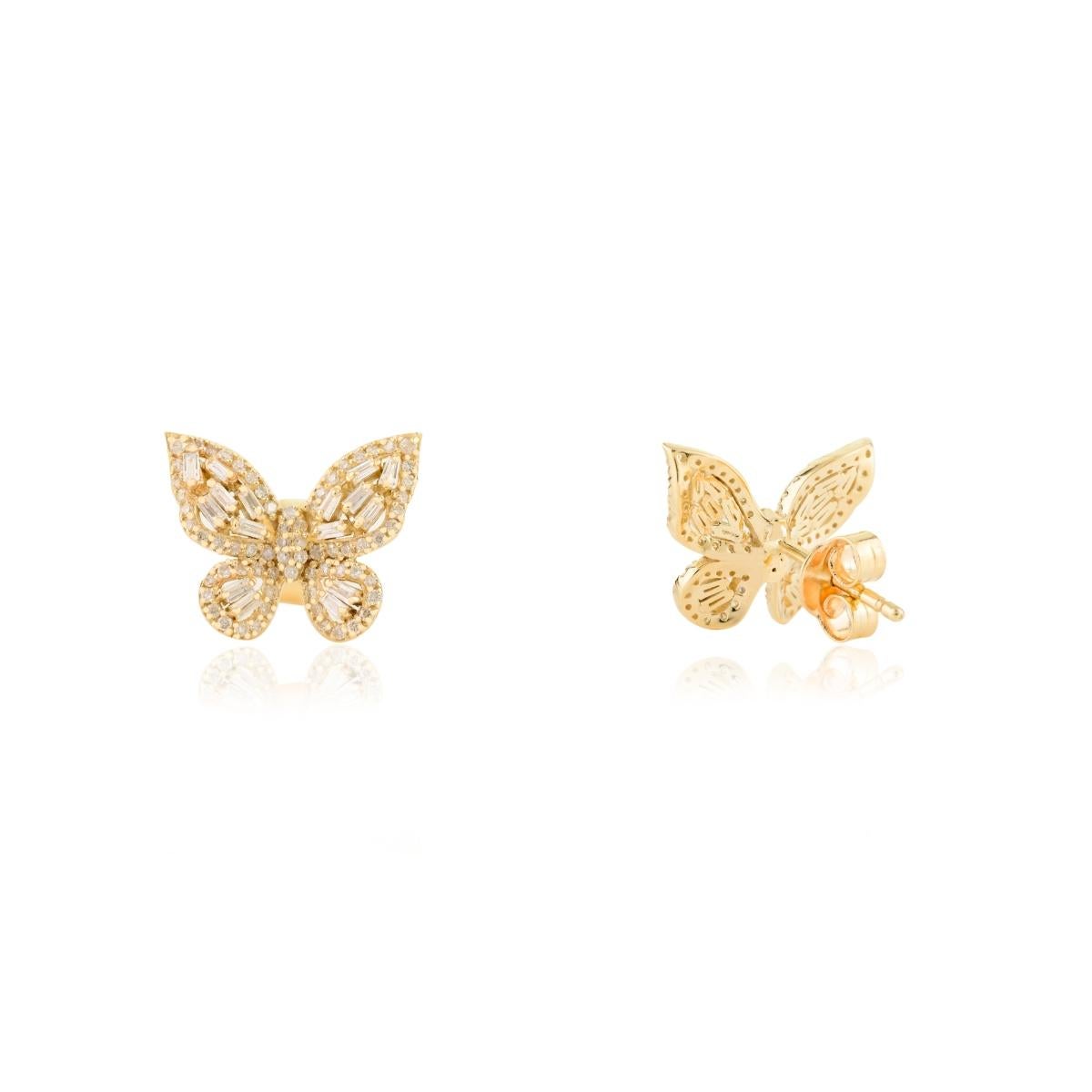 Clous d'oreilles papillon véritable en or jaune massif 14 carats avec diamants taille baguette Neuf - En vente à New York, NY