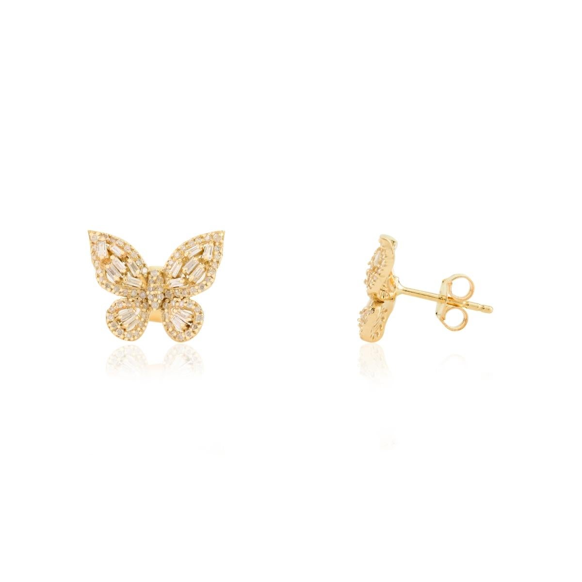 Clous d'oreilles papillon véritable en or jaune massif 14 carats avec diamants taille baguette en vente 1