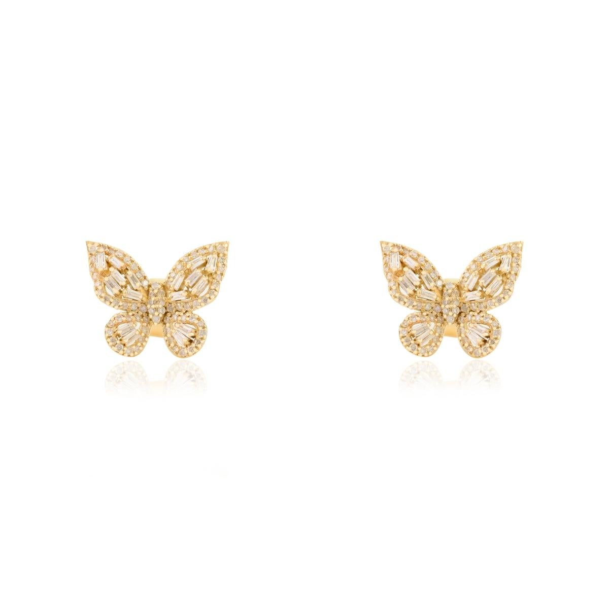 Clous d'oreilles papillon véritable en or jaune massif 14 carats avec diamants taille baguette en vente 3