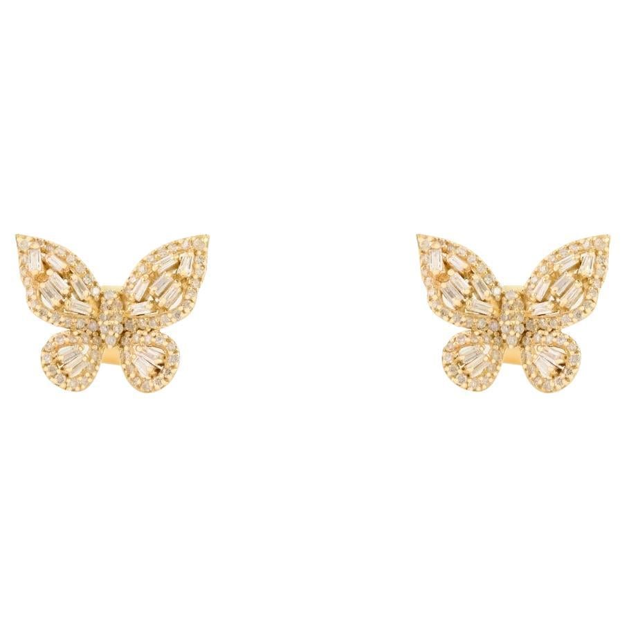 Genuine Baguette Cut Diamonds Butterfly Stud Earrings in 14k Solid Yellow Gold