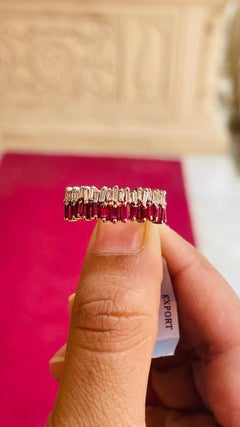 Genuine Baguette Cut Ruby & Diamond Engagement Band Ring in 14k Solid Rose Gold