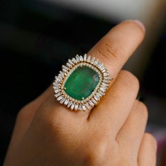 Genuine Baguette Diamond Emerald 14k Yellow Gold Cocktail Fine Ring Jewelry