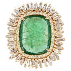 Genuine Baguette Diamond Emerald 14k Yellow Gold Cocktail Fine Ring Jewelry