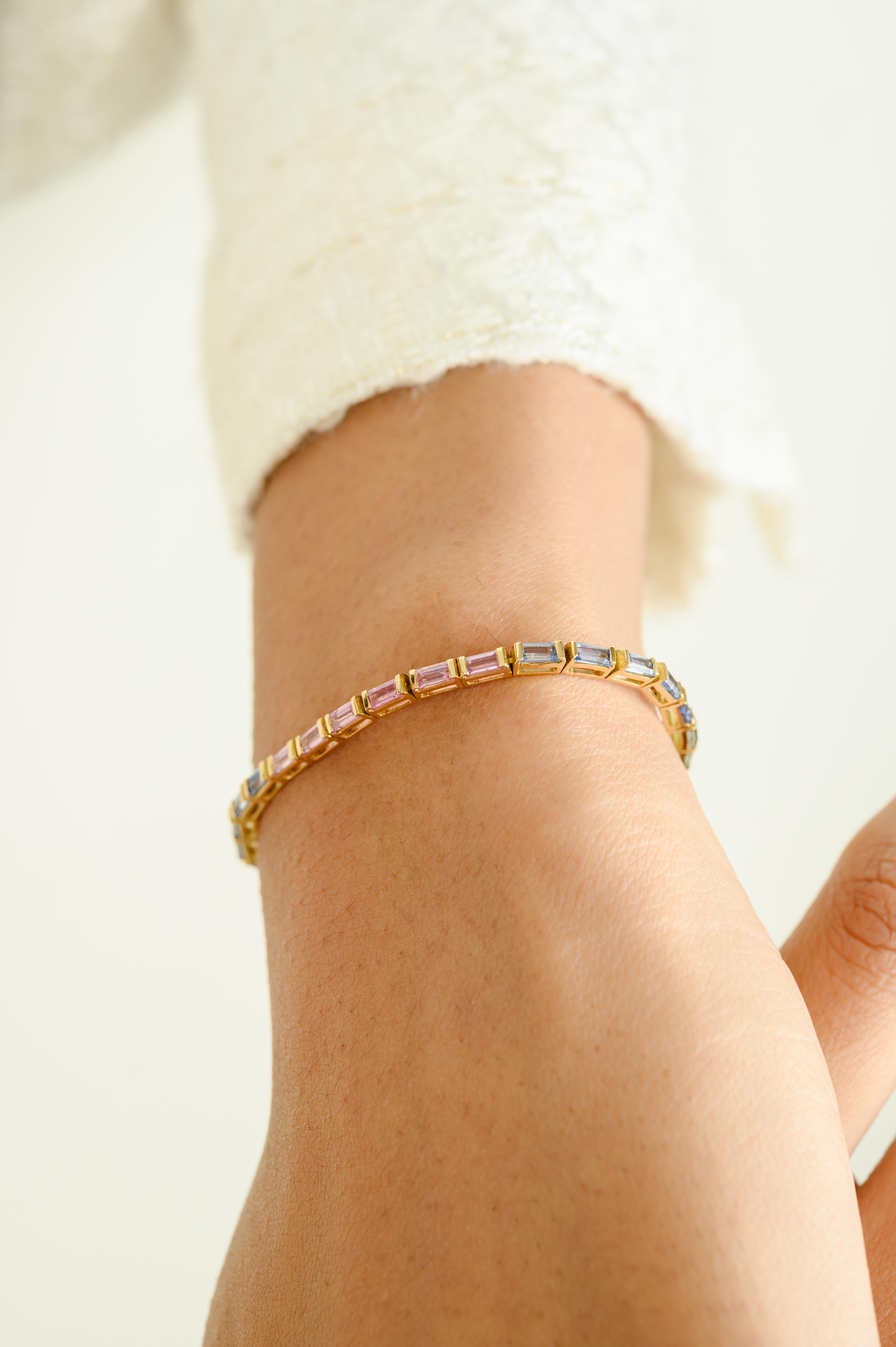 Baguette Cut Genuine Baguette Multi Sapphire Tennis Bracelet in 18k Solid Yellow Gold For Sale