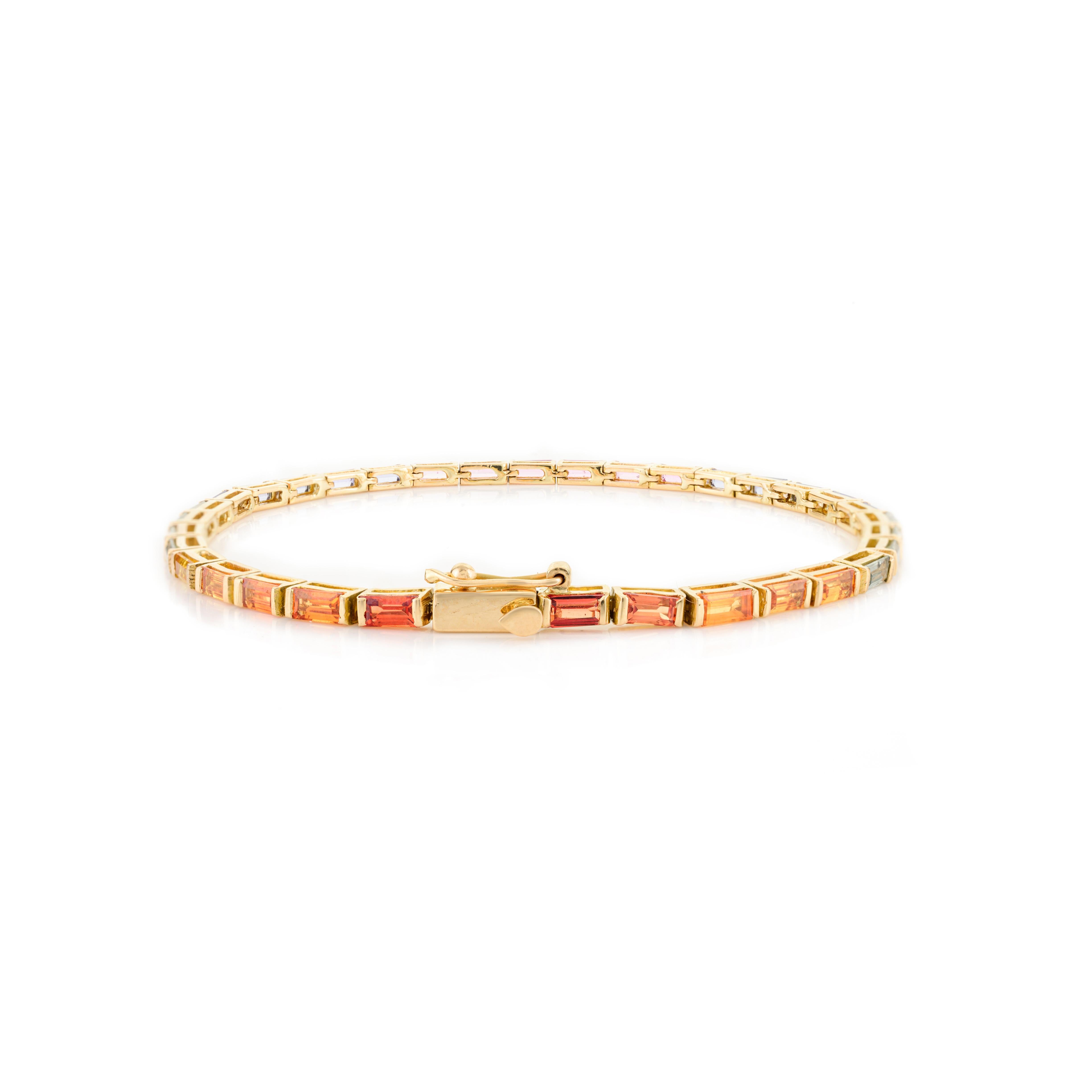 Genuine Baguette Multi Sapphire Tennis Bracelet in 18k Solid Yellow Gold In New Condition For Sale In New York, NY