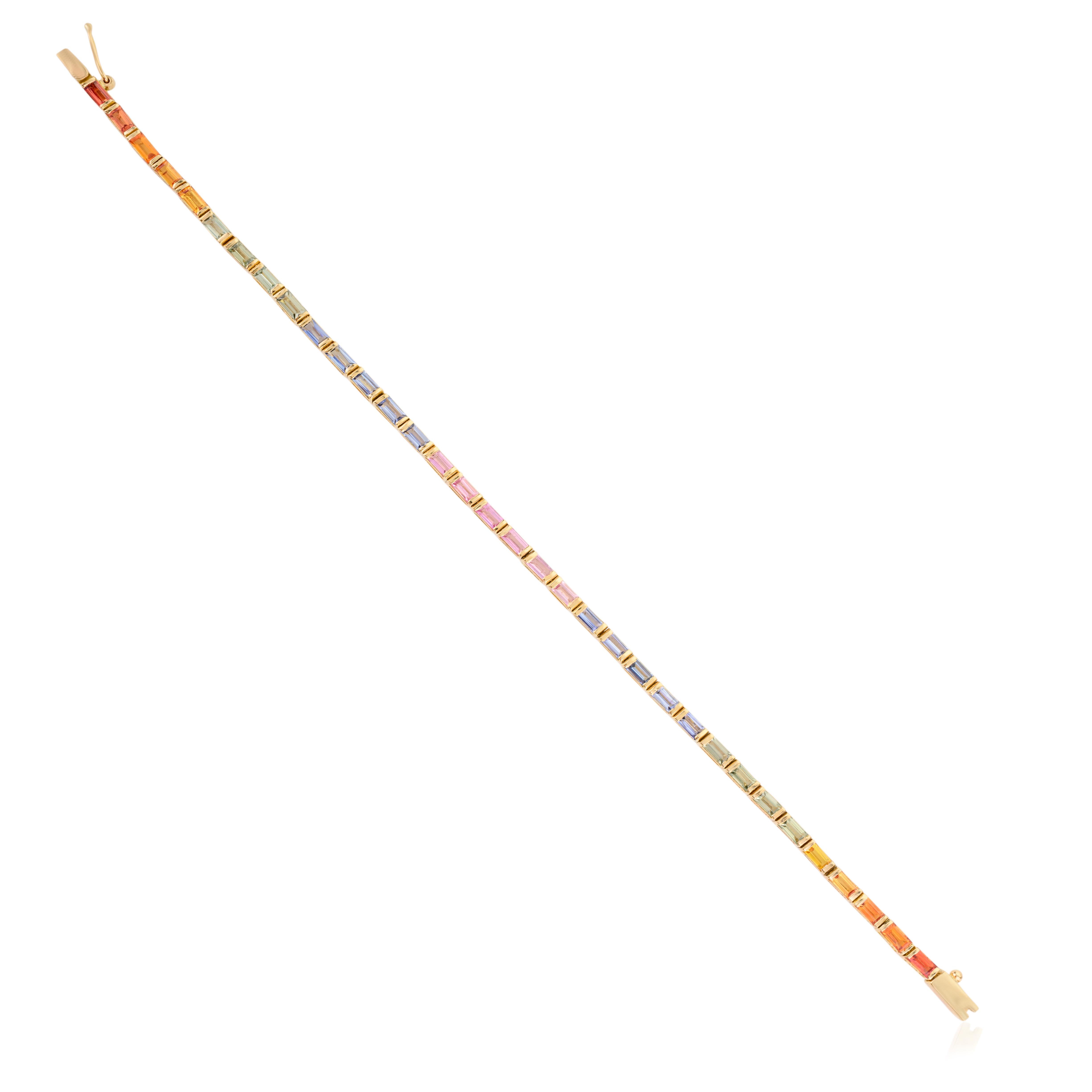 Genuine Baguette Multi Sapphire Tennis Bracelet in 18k Solid Yellow Gold For Sale 1