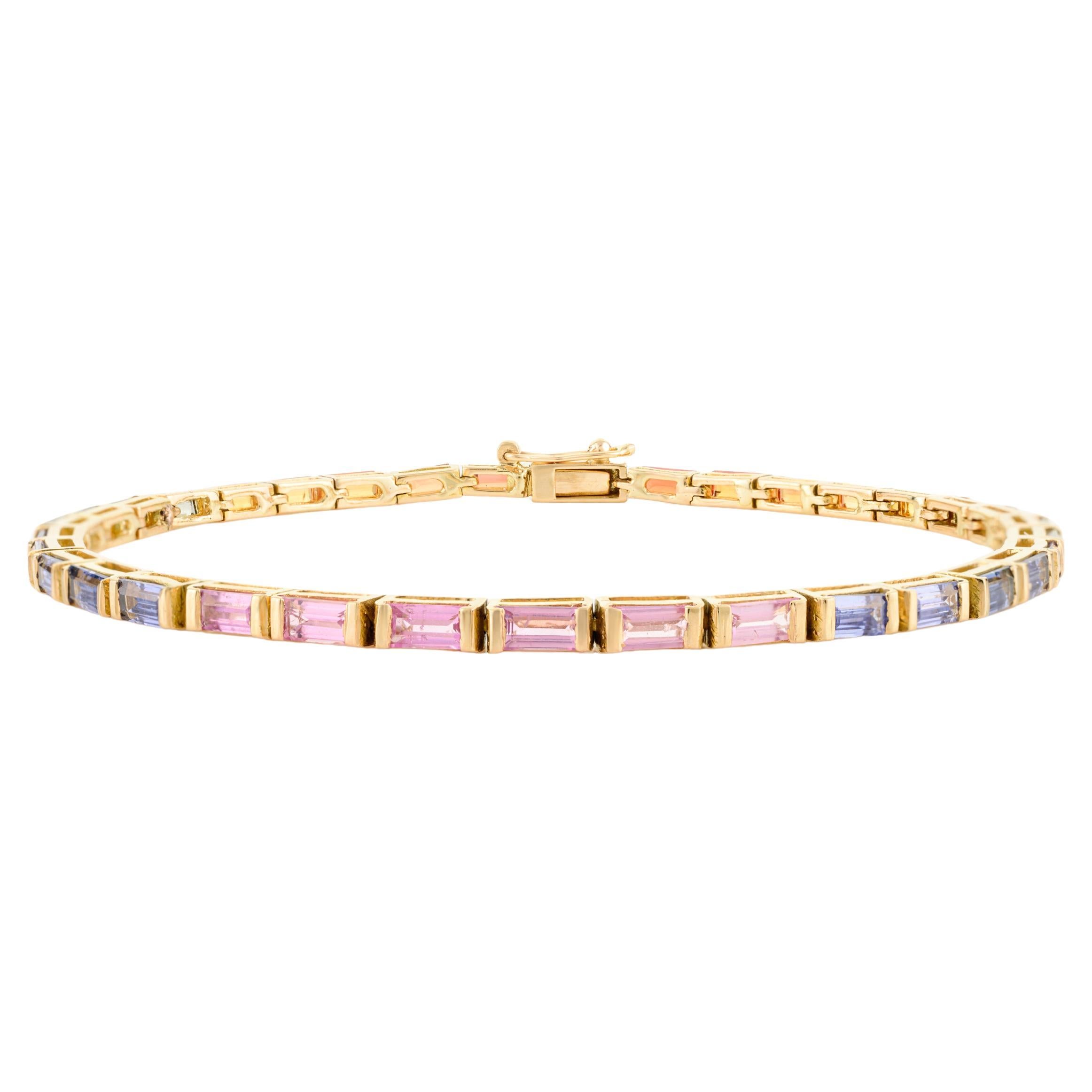 Echtes Baguette-Multisaphir-Tennisarmband aus massivem 18k Gelbgold