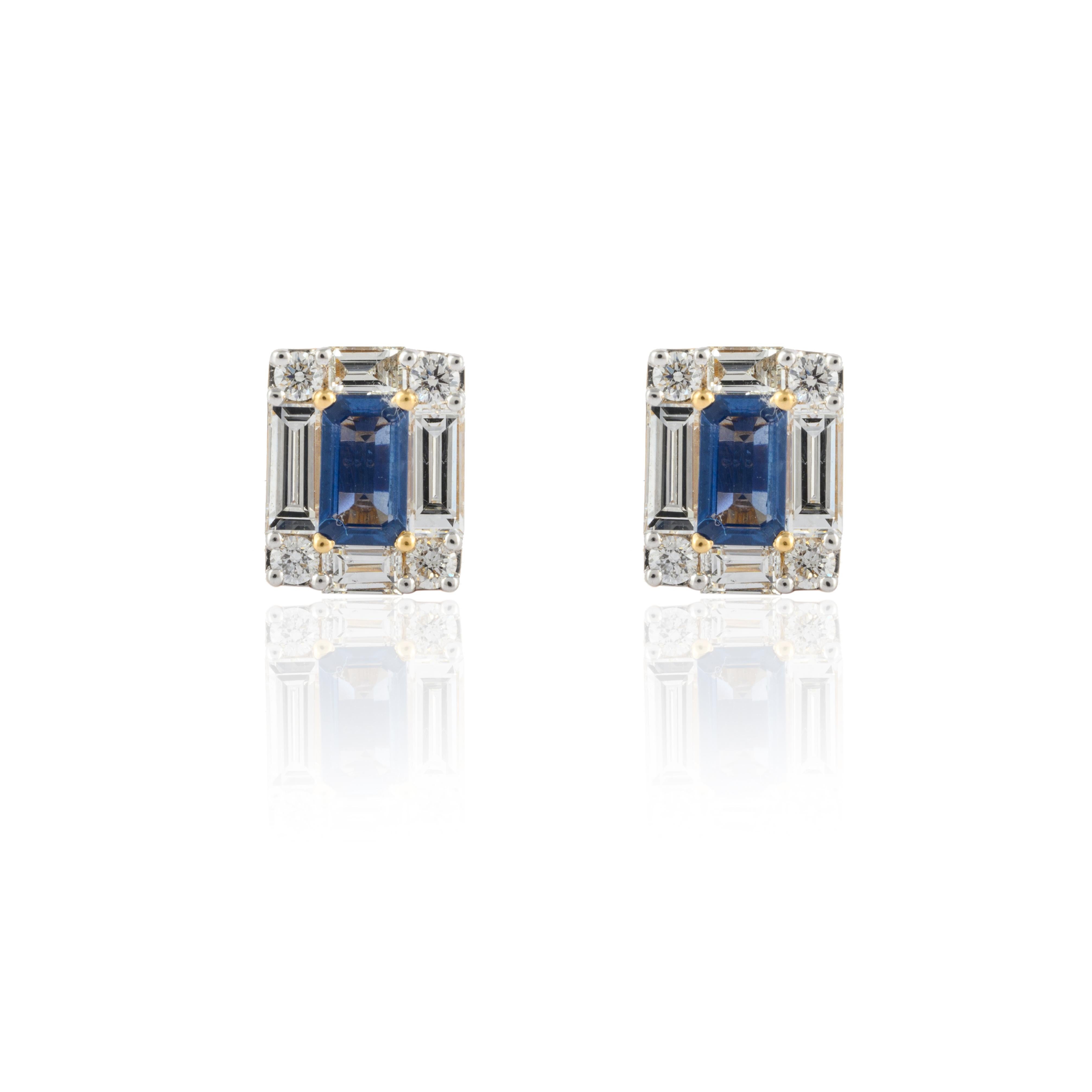 Dainty Diamond Sapphire Stud Earrings in 18K Gold to make a statement with your look. You shall need small stud earrings to make a statement with your look. These earrings create a sparkling, luxurious look featuring baguette cut sapphire.
Sapphire