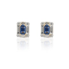 Genuine Baguette Sapphire Diamond Pushback Stud Earrings 18k Solid Yellow Gold