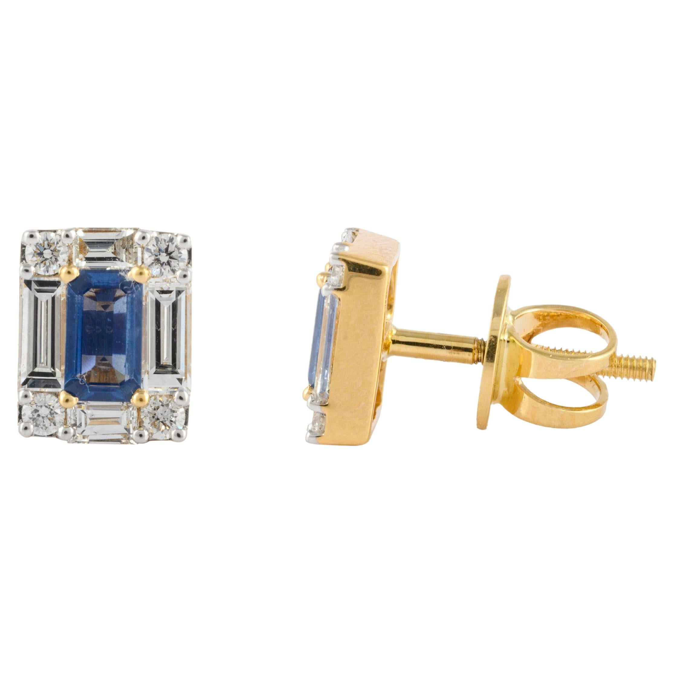 Genuine Baguette Sapphire Diamond Pushback Stud Earrings 18k Solid Yellow Gold For Sale