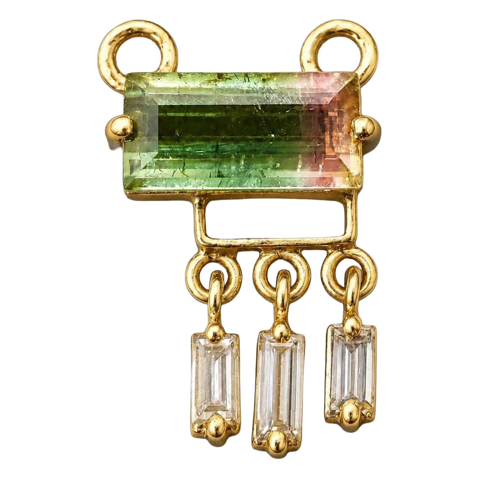 Ciondolo in oro giallo con diamanti e tormalina "Baguette Watermelon" autentica