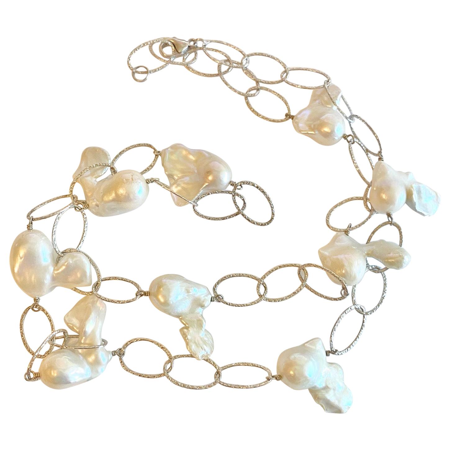 Genuine Baroque Pearl and Sterling Link Chain Necklace, Wire-Wrapped Pearls For Sale