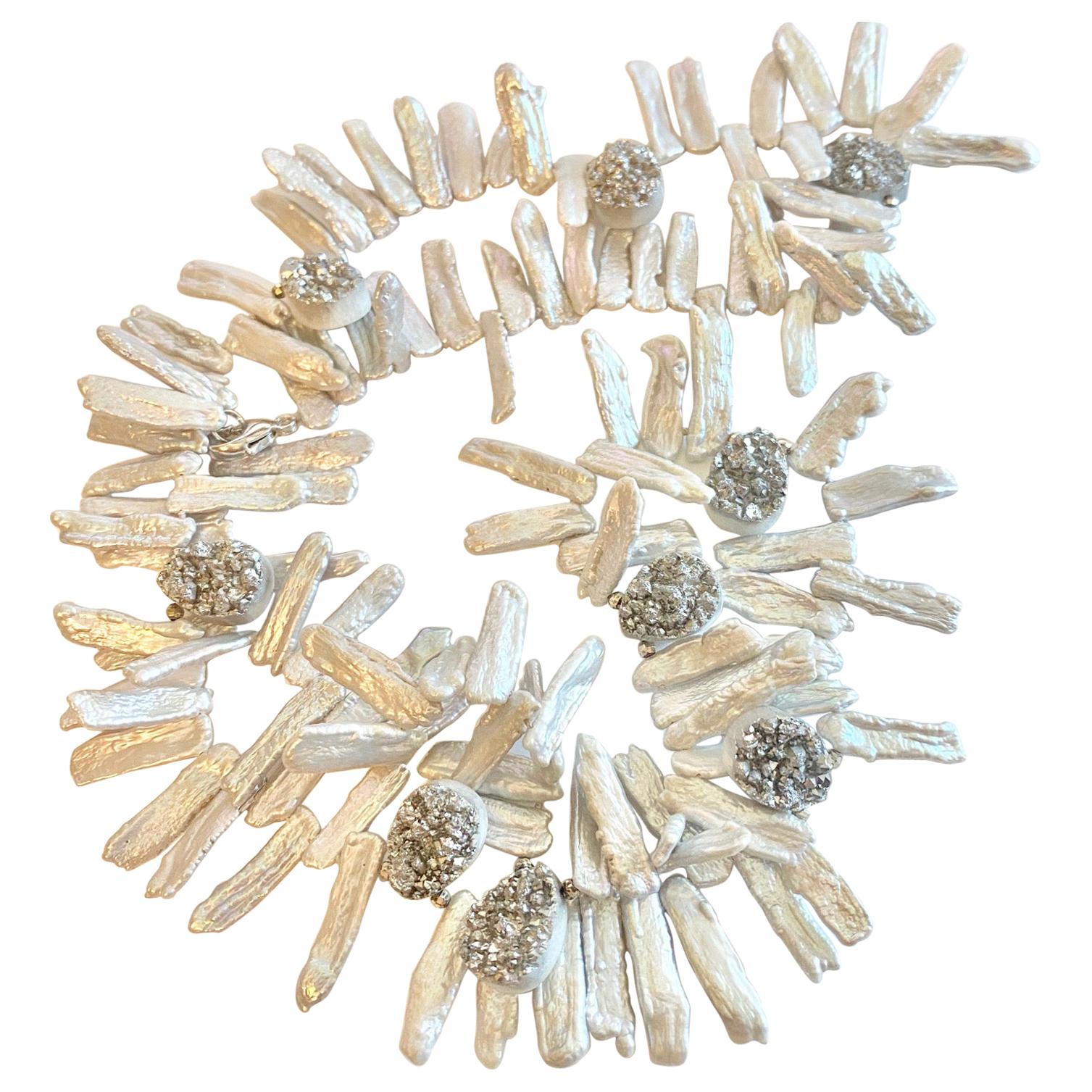 Genuine Baroque Pearls and Drusy Quartz Strung Necklace, Original Cultured Pearl For Sale