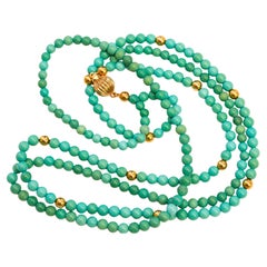 Genuine Beaded Turquoise Necklace with 14 Karat Yellow Gold Closure 1960s