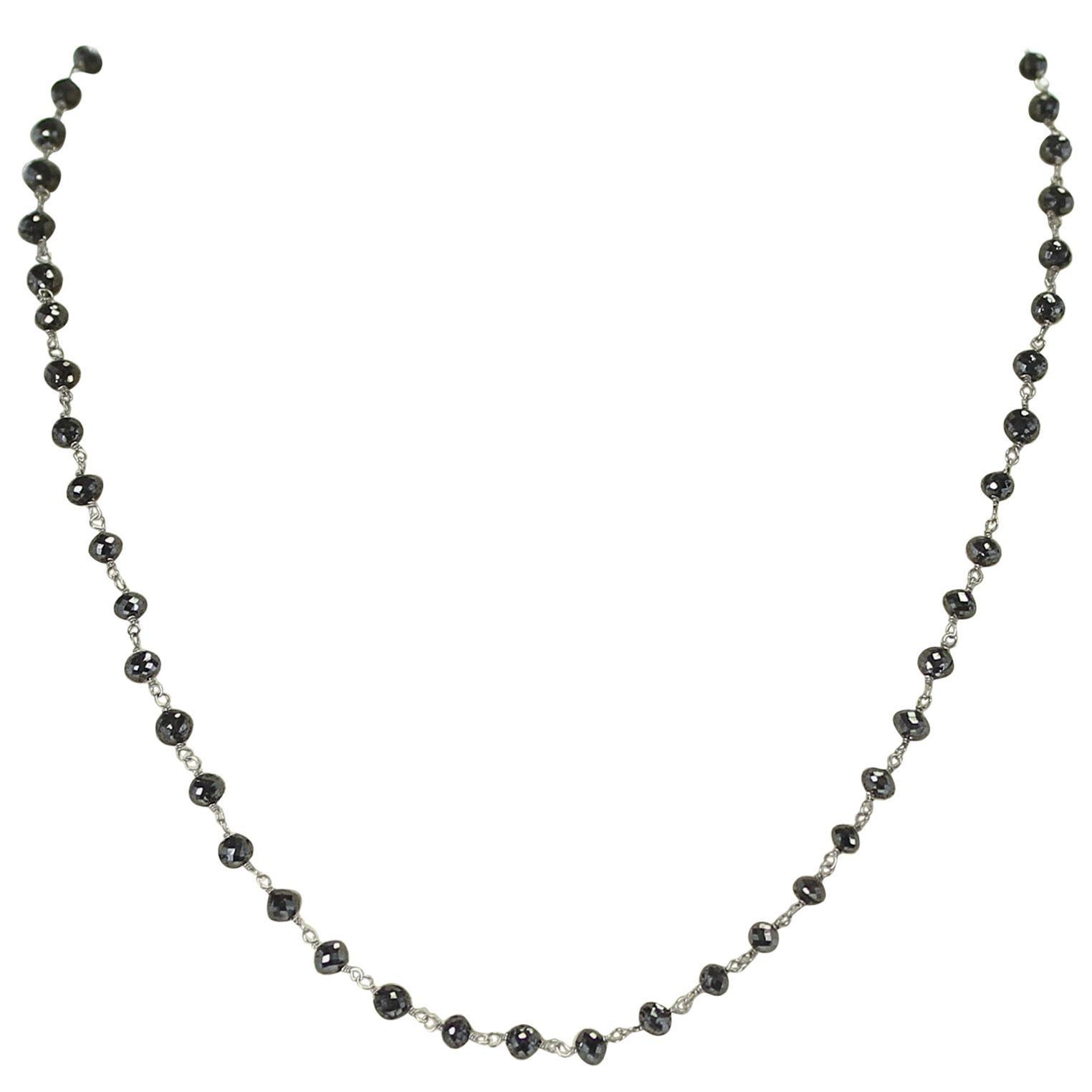Genuine Black Diamond Beads Wire-Wrapped Necklace, 18 Karat White Gold