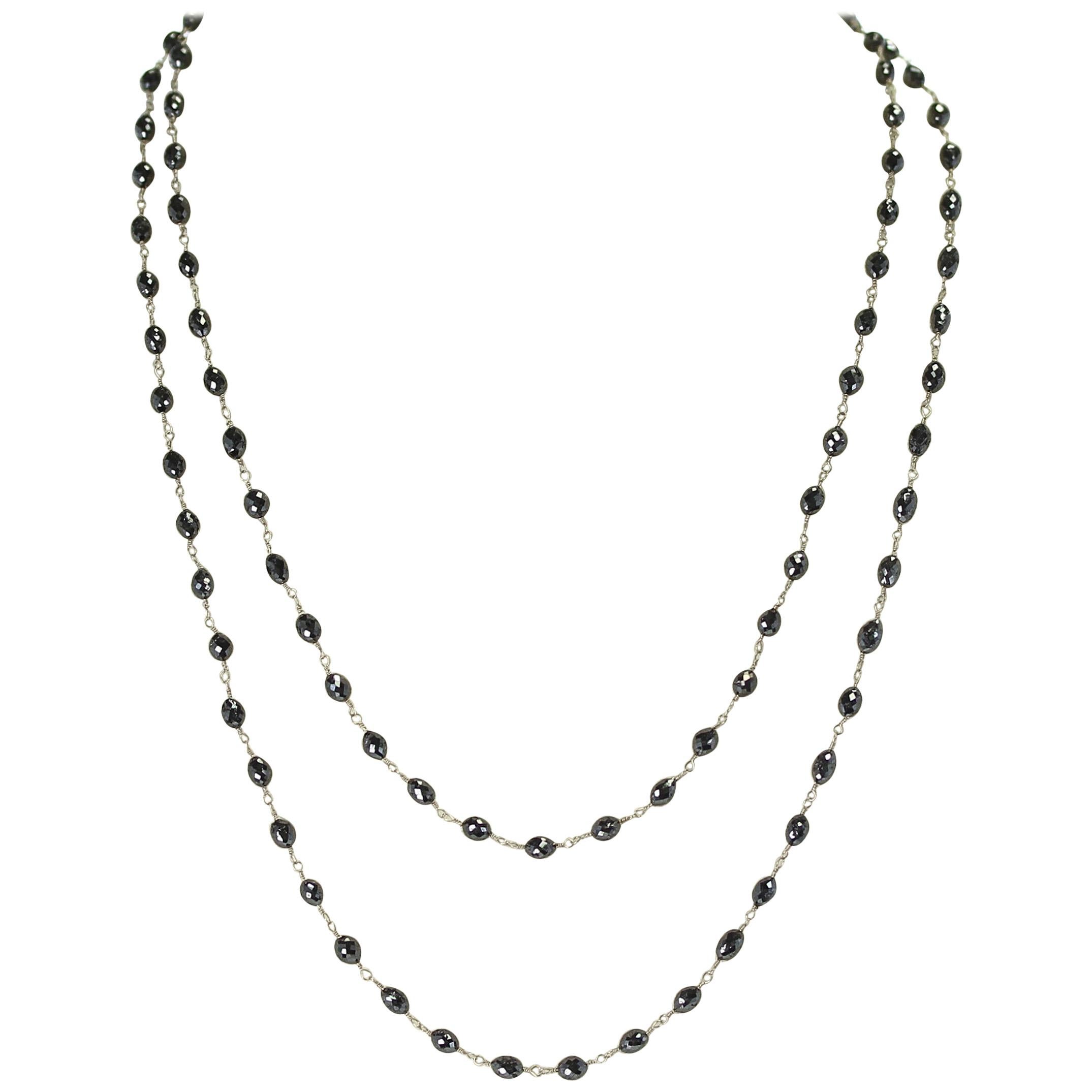 Genuine Black Diamond Drum-Shape Beads Wire-Wrapped Necklace, 18 Karat White