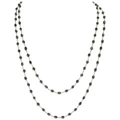 Vintage Genuine Black Diamond Drum-Shape Beads Wire-Wrapped Necklace, 18 Karat White