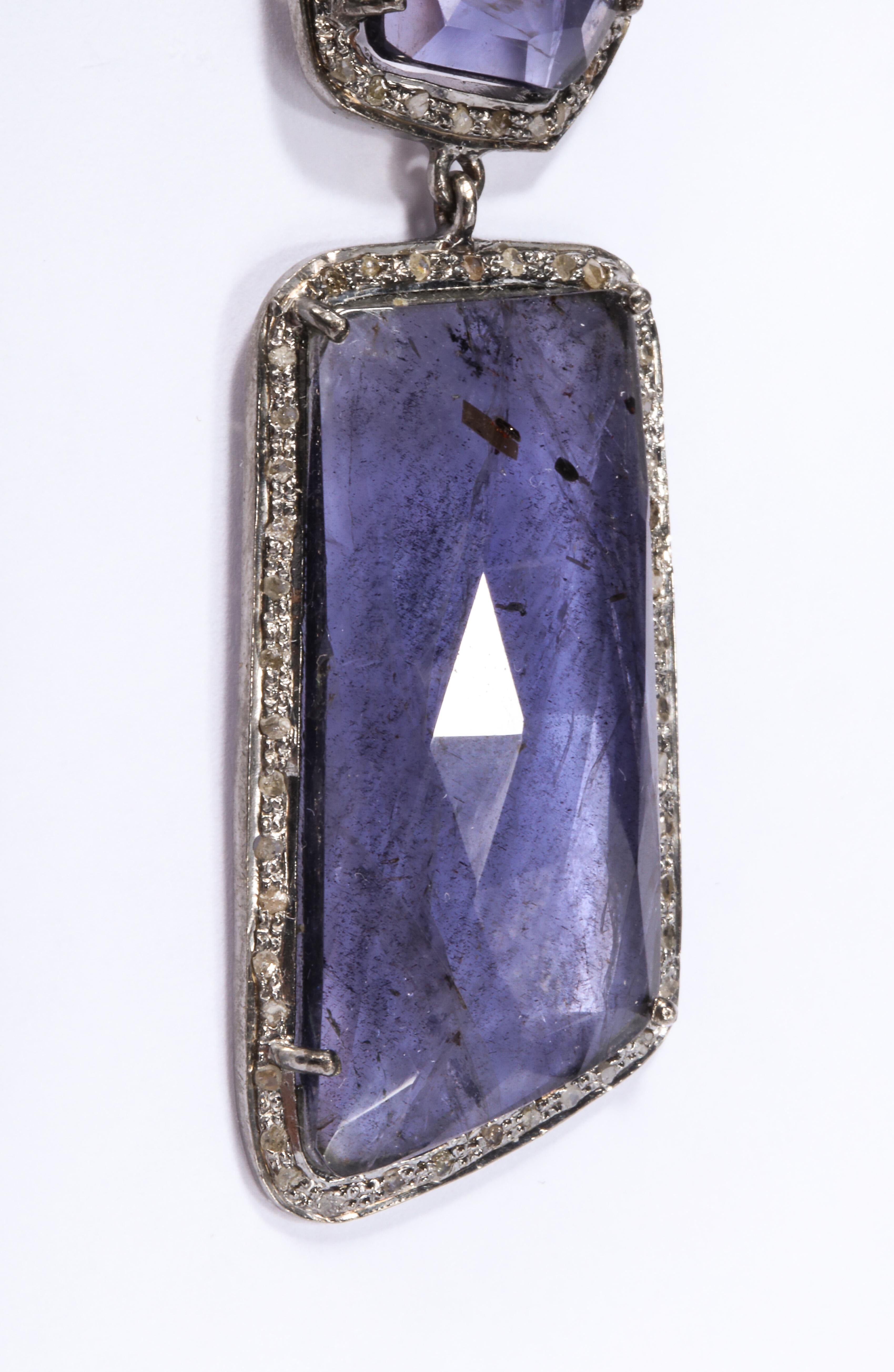 Anglo-Indian Genuine Blue Kyanite Slice Diamond Earrings
