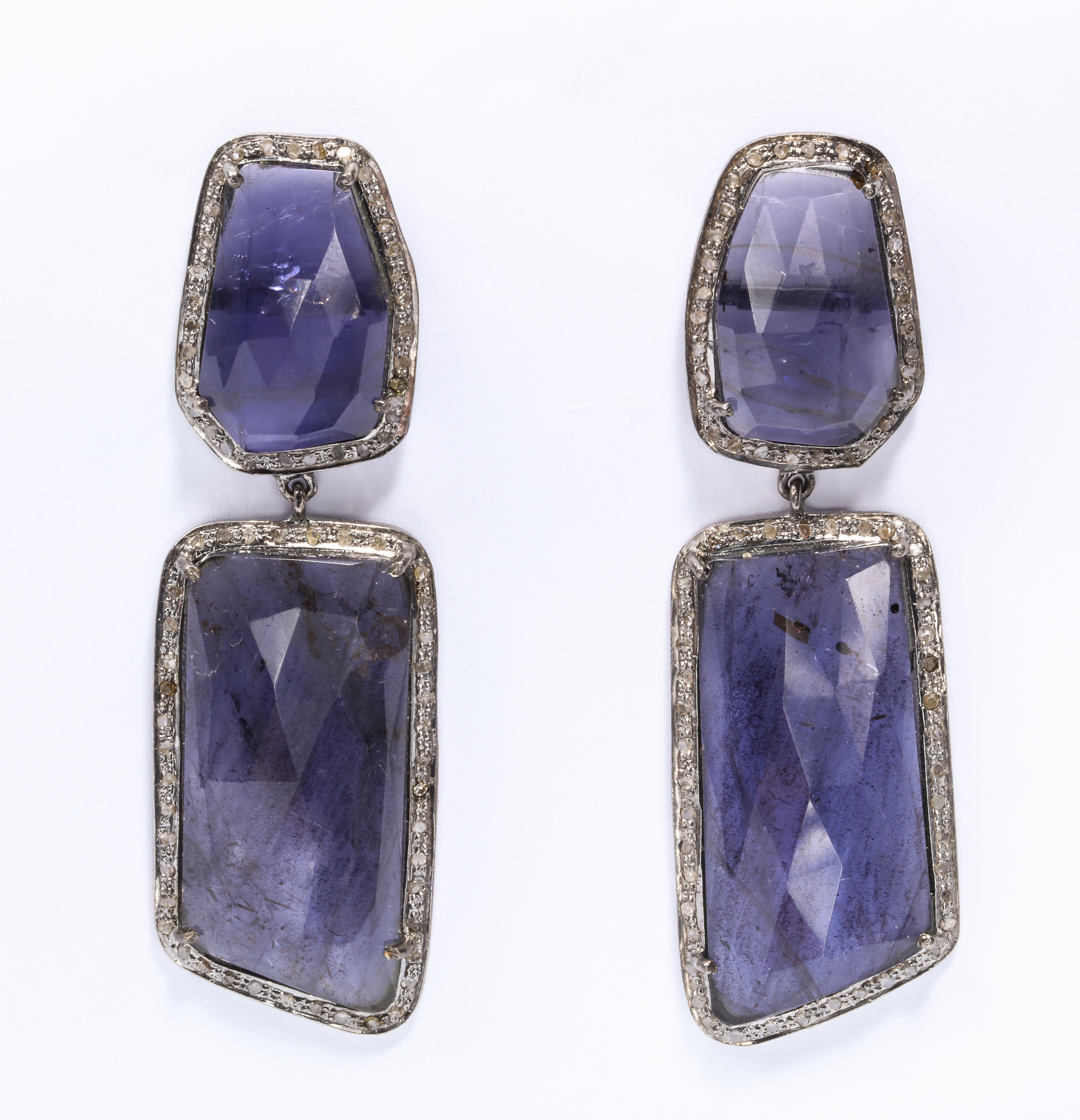 Genuine Blue Kyanite Slice Diamond Earrings In New Condition In New York, NY