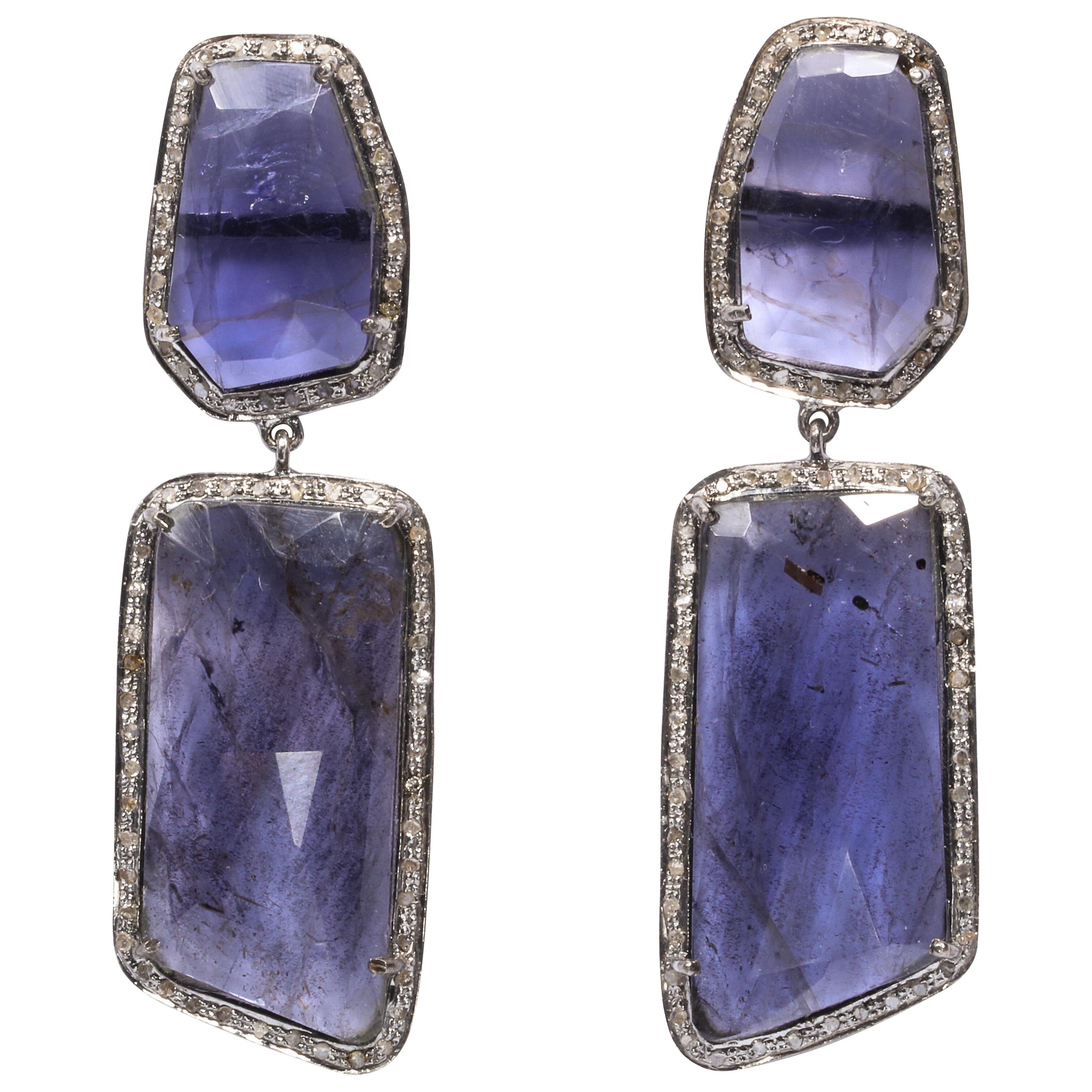 Genuine Blue Kyanite Slice Diamond Earrings