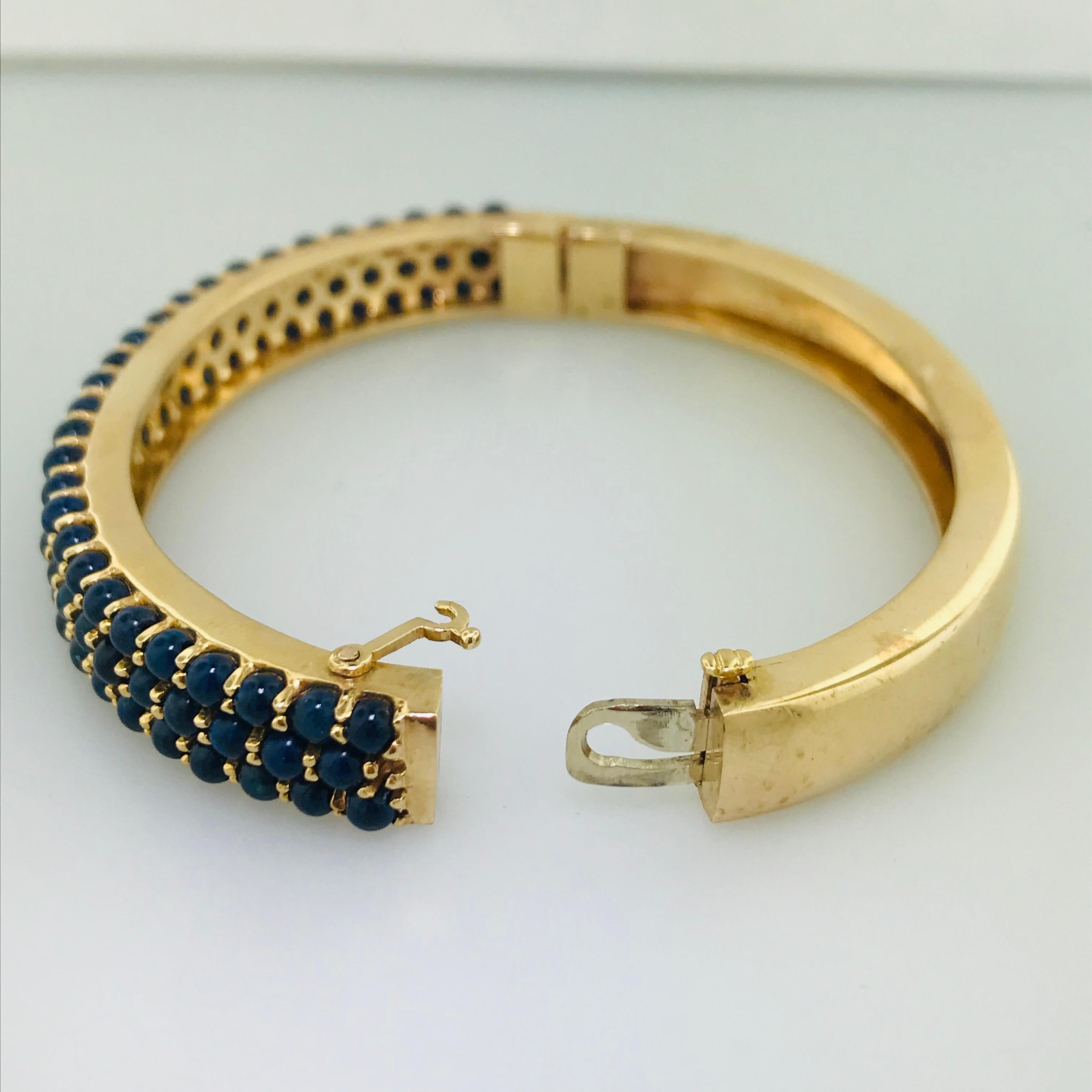 Contemporary Blue Lapis Bangle Bracelet in 14 Karat Solid Gold 8.5 MM Wide Fits 7.5 In Wrist