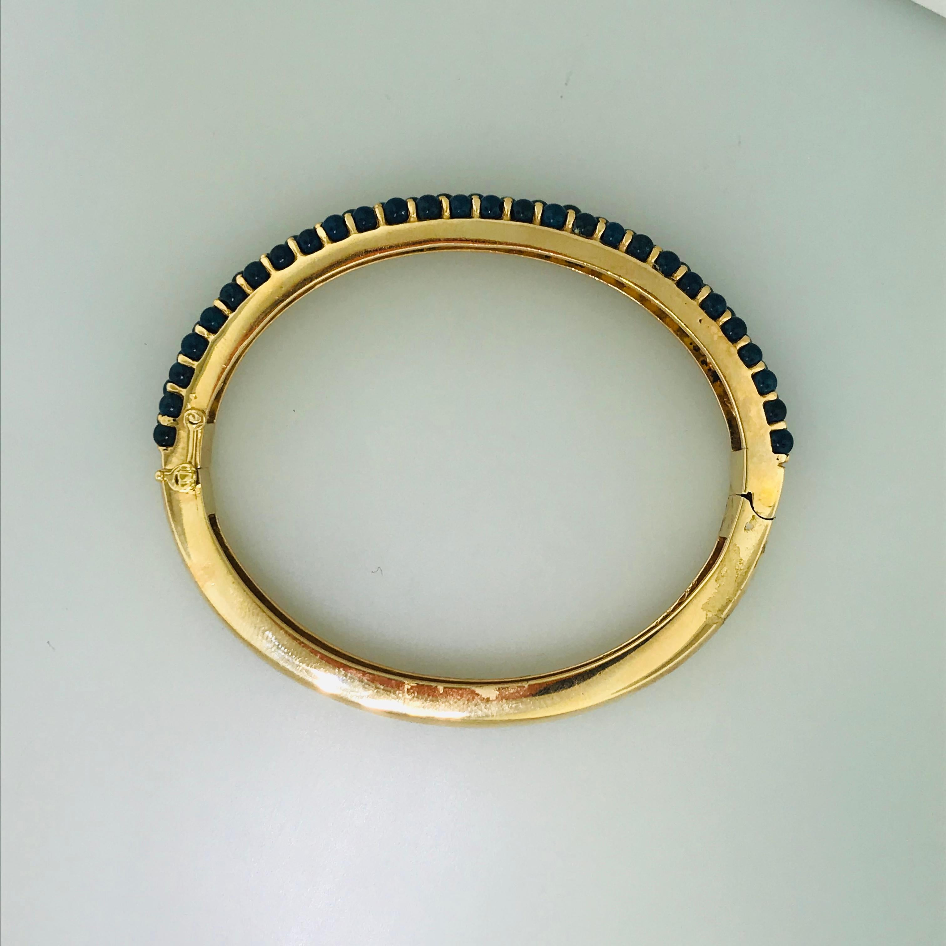 Round Cut Blue Lapis Bangle Bracelet in 14 Karat Solid Gold 8.5 MM Wide Fits 7.5 In Wrist