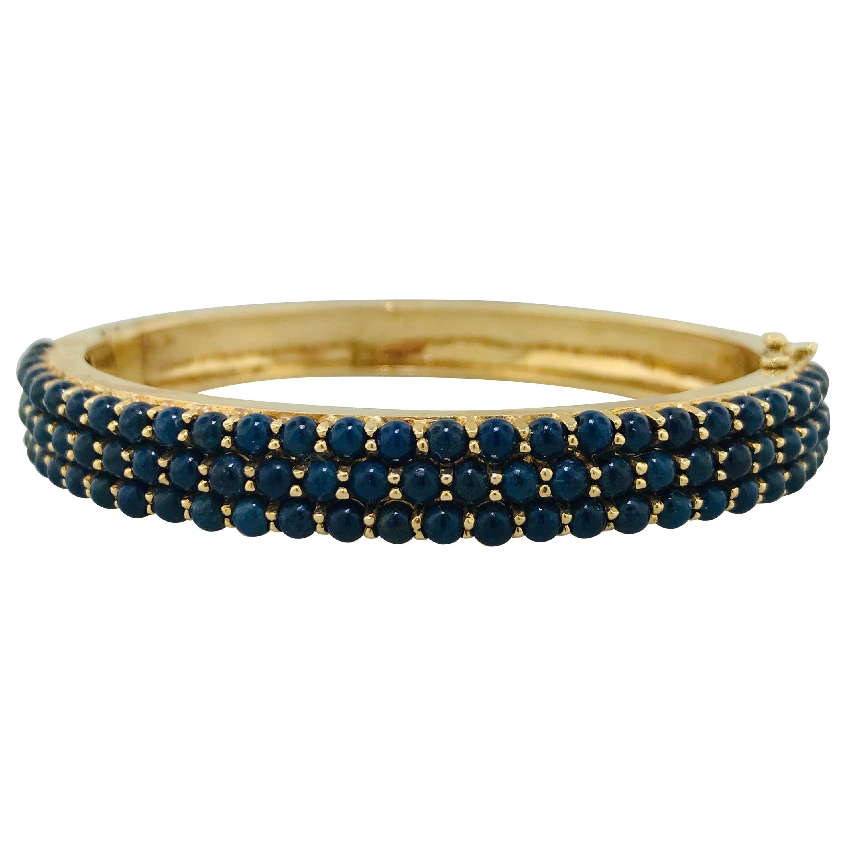 Blue Lapis Bangle Bracelet in 14 Karat Solid Gold 8.5 MM Wide Fits 7.5 In Wrist