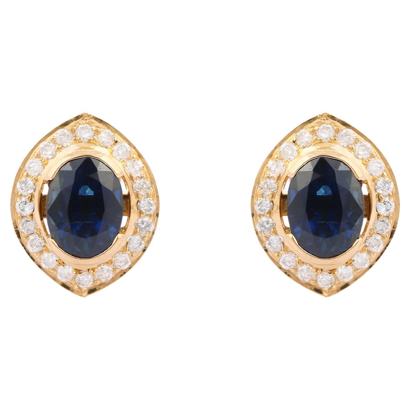Genuine Blue Sapphire and Diamond Halo Stud Earrings in 18K Yellow Gold For Sale