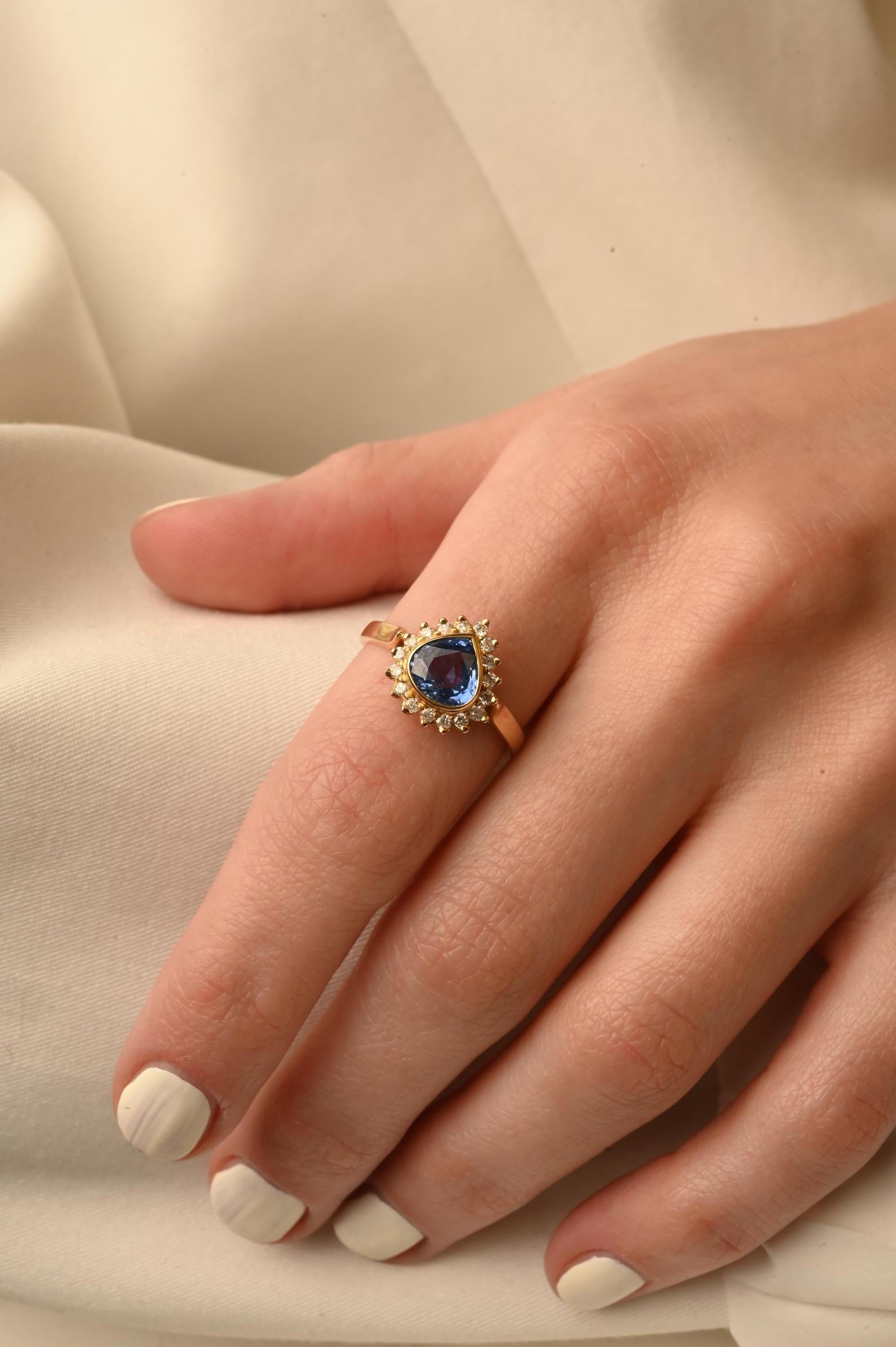 For Sale:  Genuine Blue Sapphire and Halo Diamond Engagement Ring 18k Solid Yellow Gold 12