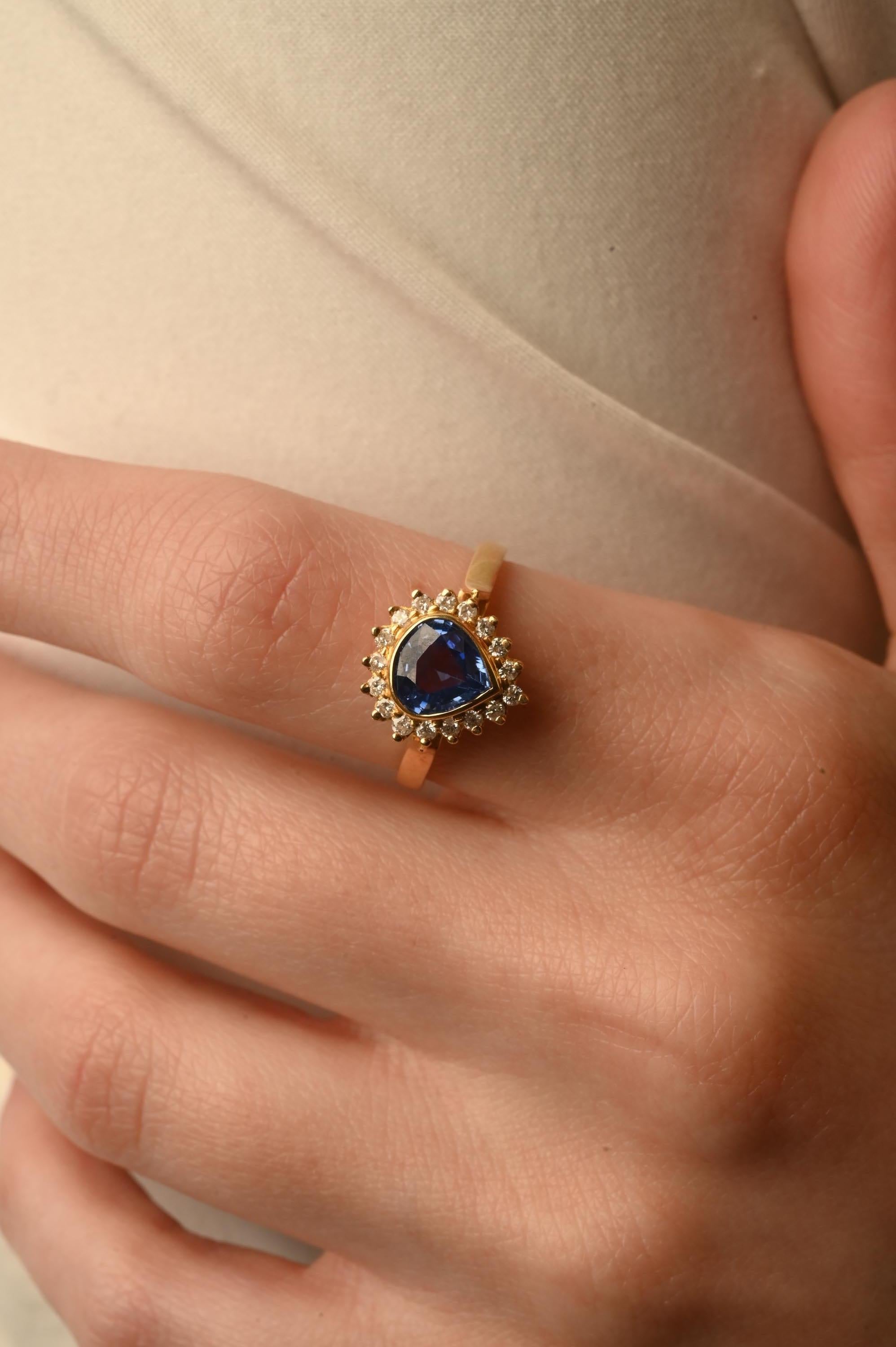 For Sale:  Genuine Blue Sapphire and Halo Diamond Engagement Ring 18k Solid Yellow Gold 4
