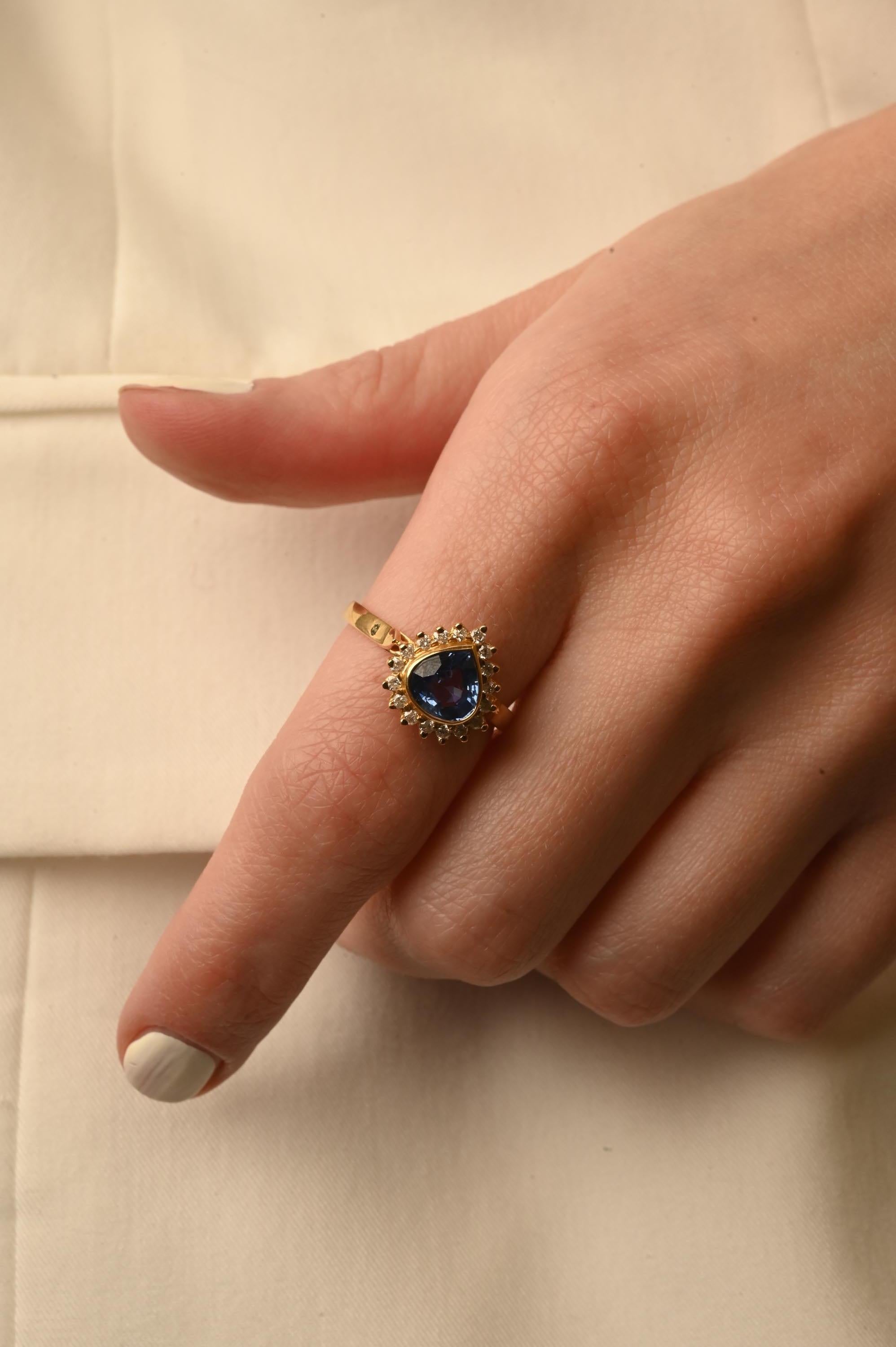 For Sale:  Genuine Blue Sapphire and Halo Diamond Engagement Ring 18k Solid Yellow Gold 6