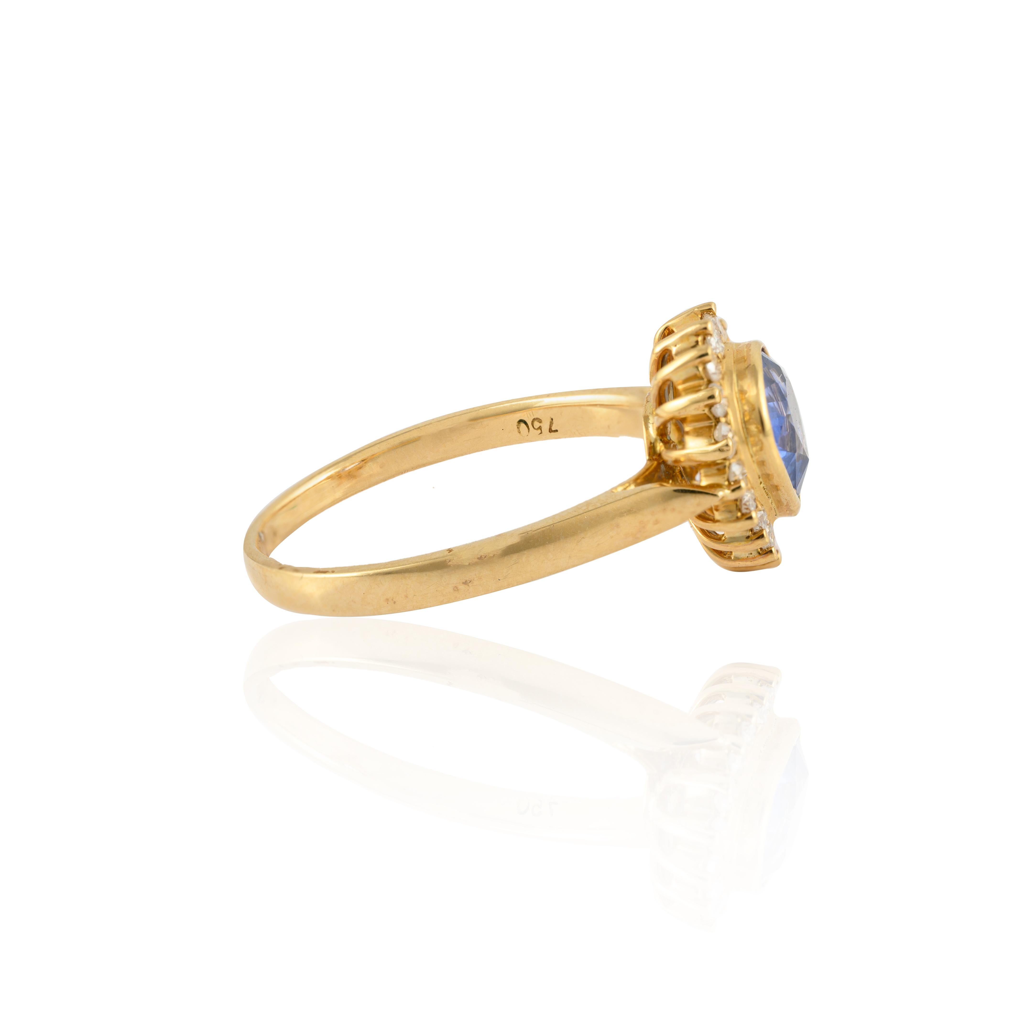 For Sale:  Genuine Blue Sapphire and Halo Diamond Engagement Ring 18k Solid Yellow Gold 7