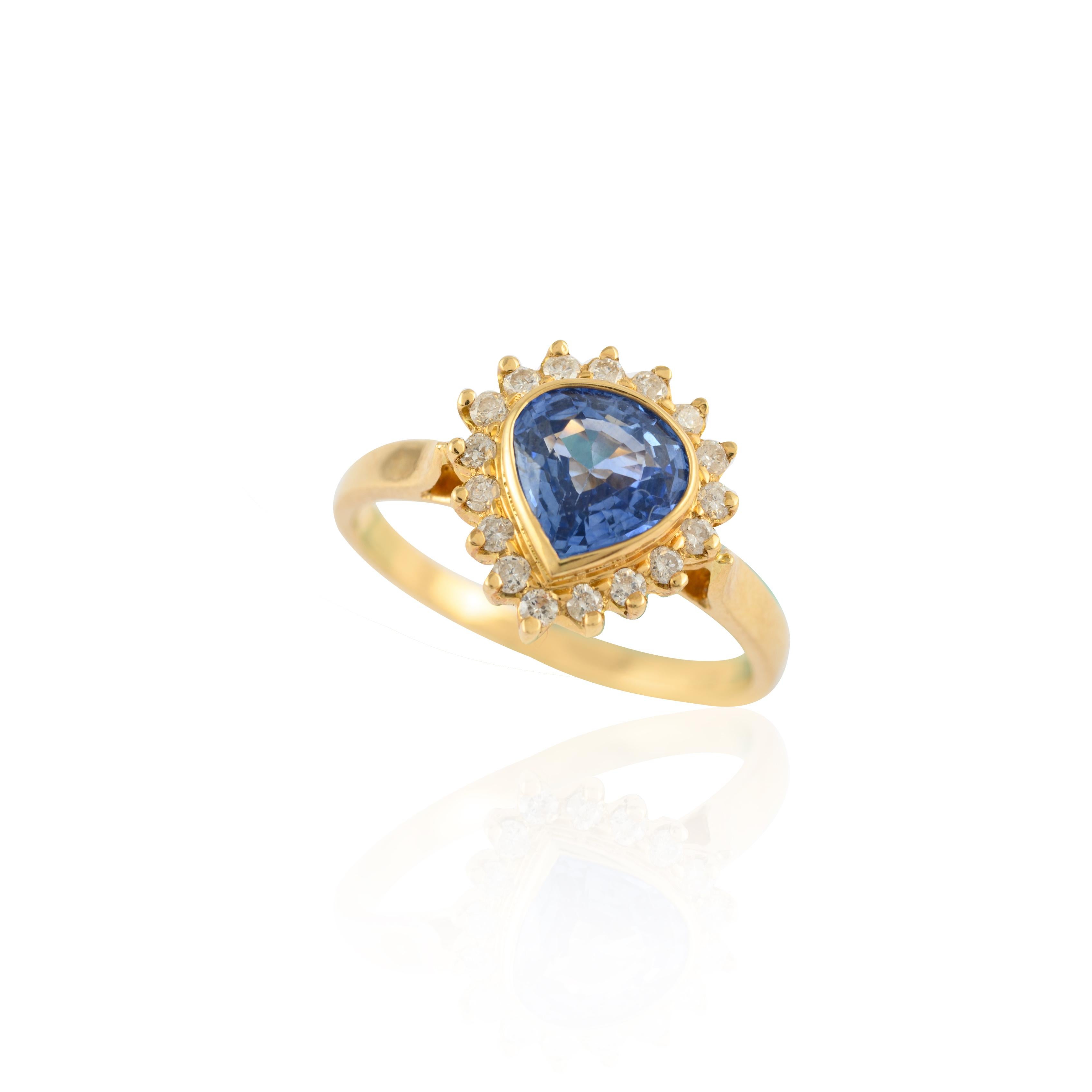For Sale:  Genuine Blue Sapphire and Halo Diamond Engagement Ring 18k Solid Yellow Gold 11