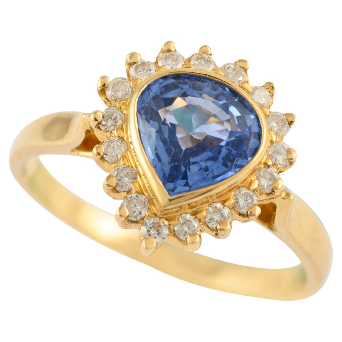 For Sale:  Genuine Blue Sapphire and Halo Diamond Engagement Ring 18k Solid Yellow Gold