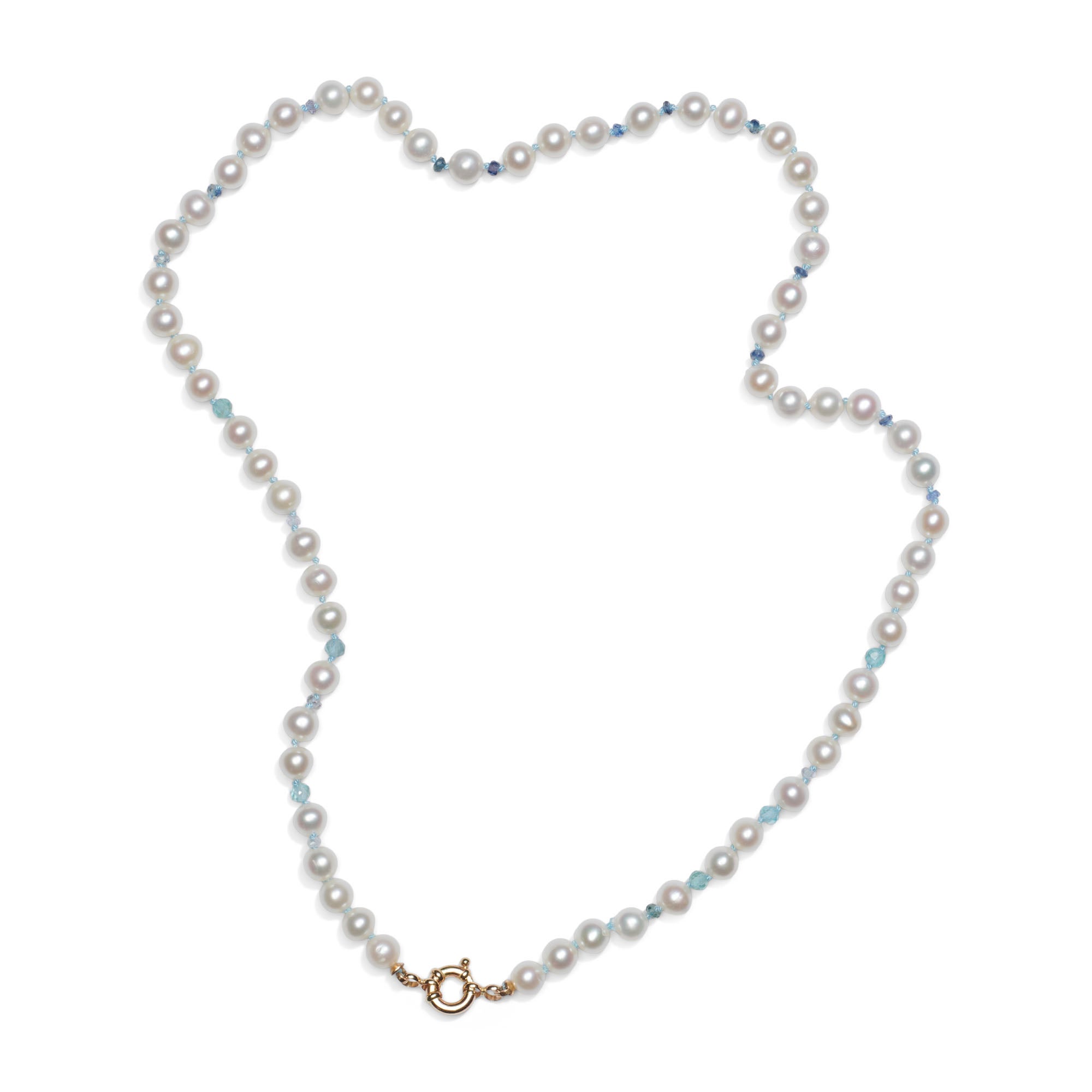 Ball Cut Genuine Blue Sapphire and Pearls 14K Gold Necklace For Sale