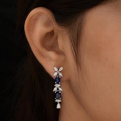 Genuine Blue Sapphire SI/HI Real Diamond Long Drop Earrings 18k Solid White Gold