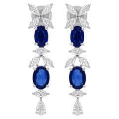 Genuine Blue Sapphire Diamond Drop Earrings 18k Solid White Gold Wedding Gift