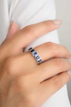 Bague demi éternité en saphir bleu véritable en or blanc massif 18k Cadeau
