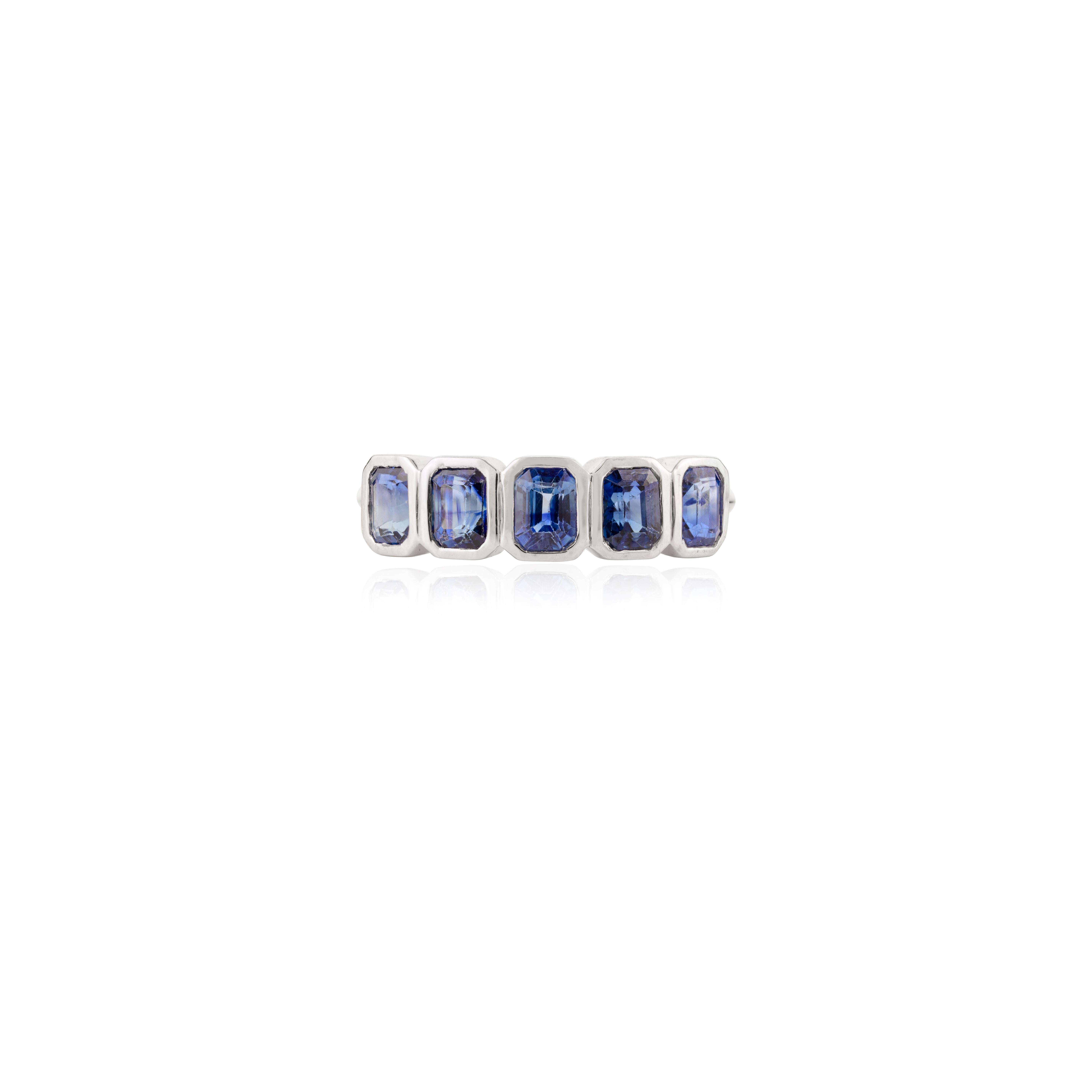 For Sale:  Genuine Blue Sapphire Half Eternity Band Ring in 18k Solid White Gold Gift 9