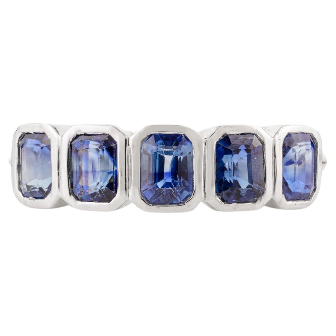 Genuine Blue Sapphire Half Eternity Band Ring in 18k Solid White Gold Gift