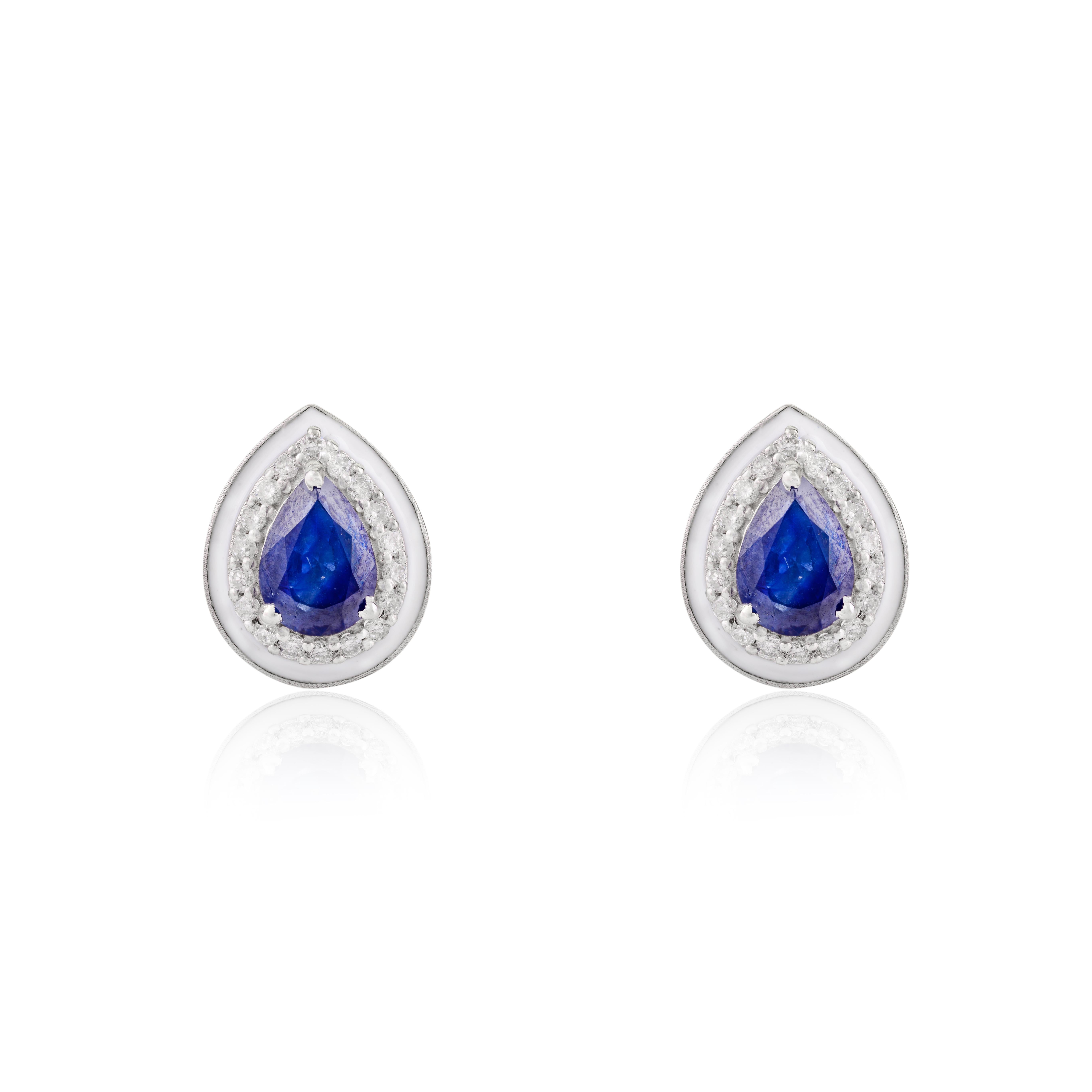 Orecchini a pera con diamante e zaffiro blu autentico in oro bianco 14 carati in vendita 1