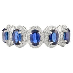 Genuine Blue Sapphire & Halo Diamonds Half Wedding Band Ring in 14k White Gold