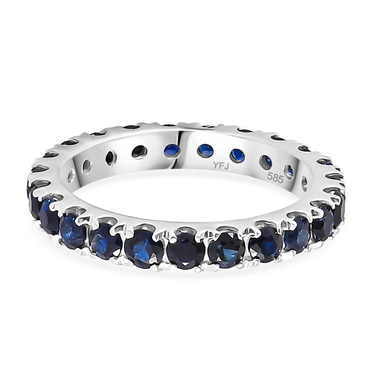 For Sale:  Genuine Blue Sapphire Prong Set Eternity Wedding Band Ring in 14k White Gold 3
