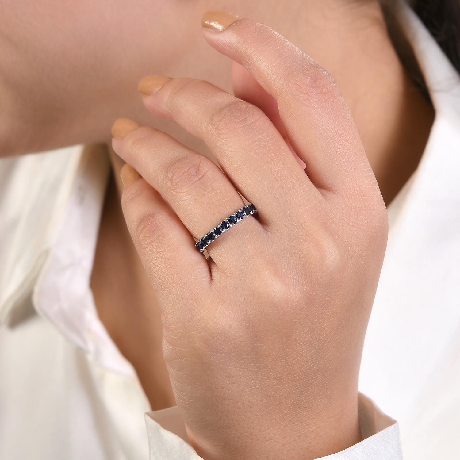 For Sale:  Genuine Blue Sapphire Prong Set Eternity Wedding Band Ring in 14k White Gold 4