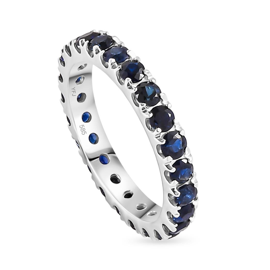 For Sale:  Genuine Blue Sapphire Prong Set Eternity Wedding Band Ring in 14k White Gold 5