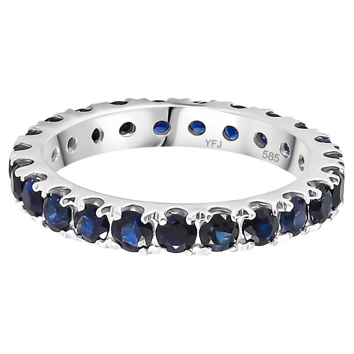 Genuine Blue Sapphire Prong Set Eternity Wedding Band Ring in 14k White Gold