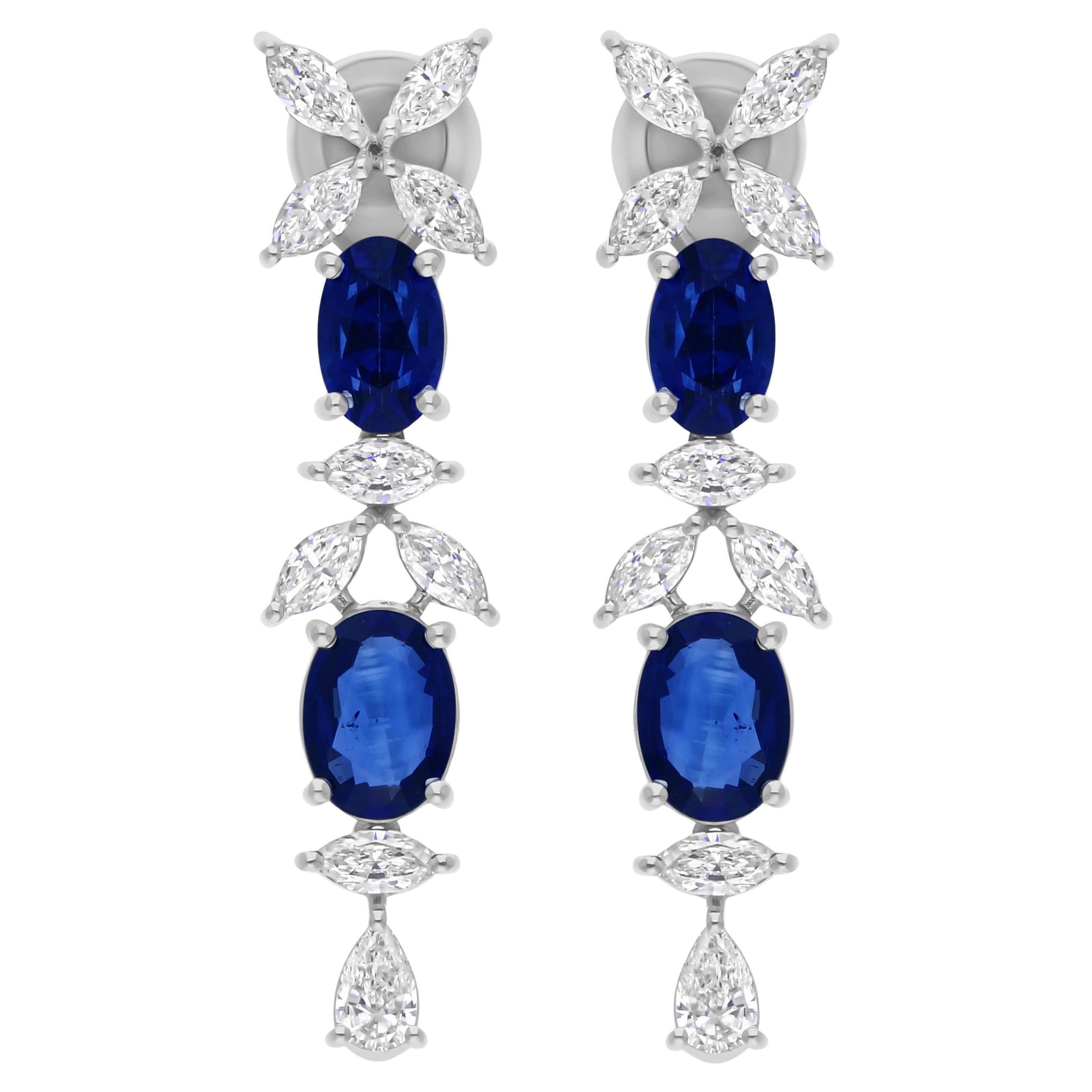 Genuine Blue Sapphire SI/HI Real Diamond Long Drop Earrings 14k Solid White Gold For Sale